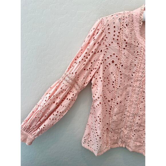 BOSTON PROPER | Blush Pink Embroidered Eyelet Button Front Blouse | Medium - Picture 4 of 6